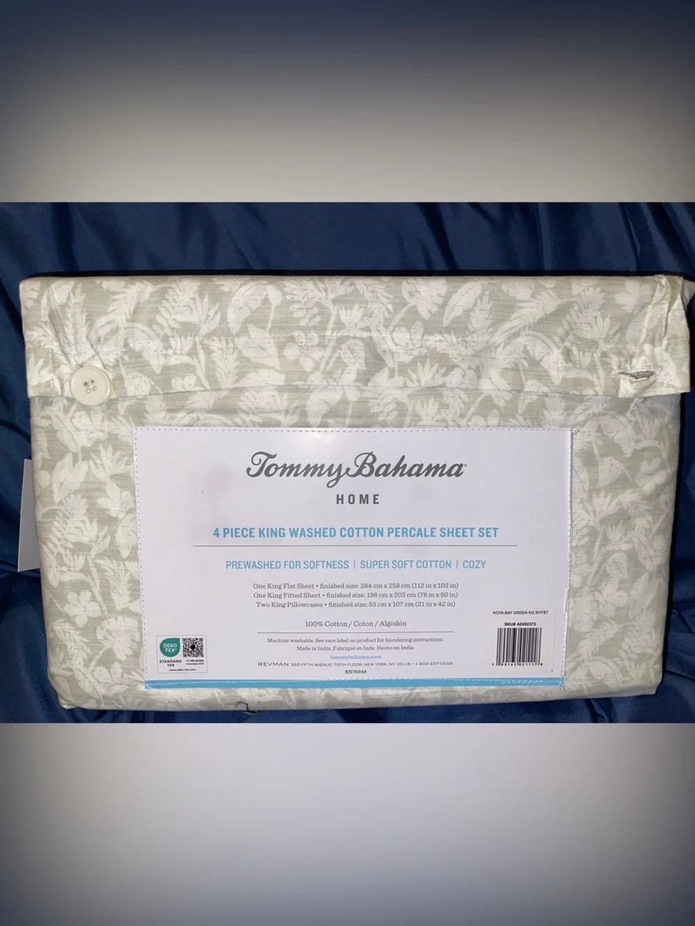 Tommy Bahama King Washed Cotton Percale Sheet Set in Green and White